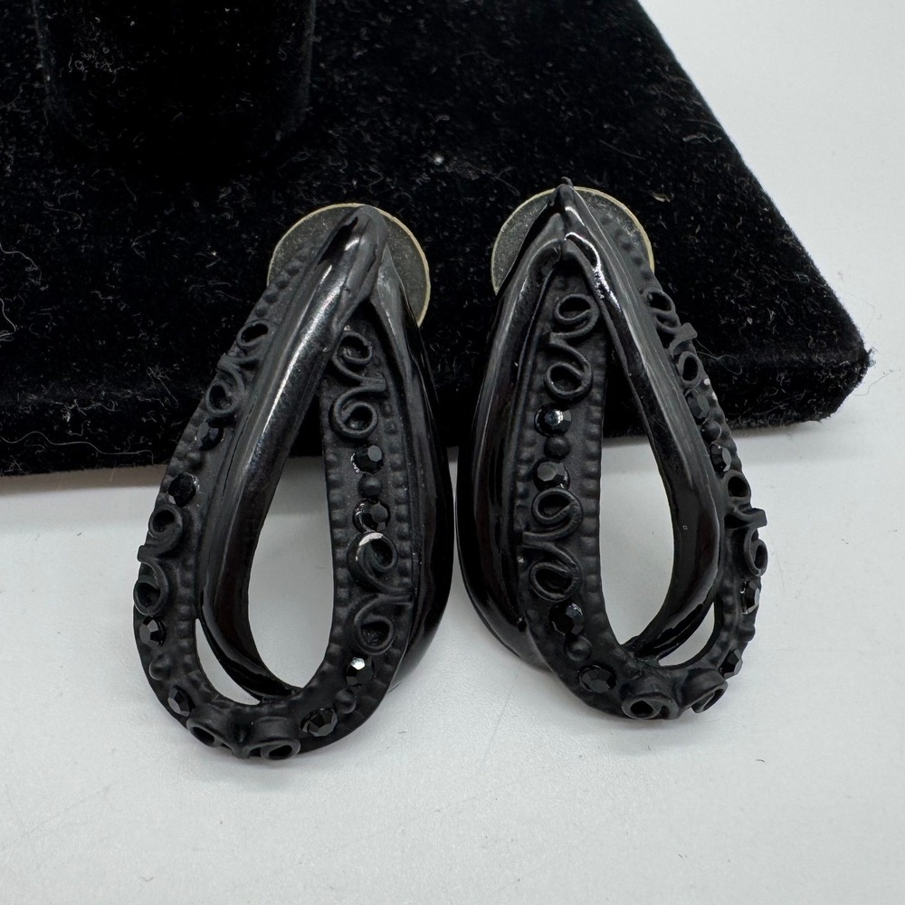 Don Lin Vintage Earrings Black Crystal Scroll Teardrop Hoop Statement Pierced